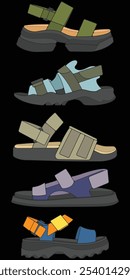 Bundling set sandal vector illustration on black	 background . Summer shoe of sandal cartoon. Isolated cartoon summer footwear.
