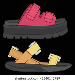 Bundling set sandal vector illustration on black	 background . Summer shoe of sandal cartoon. Isolated cartoon summer footwear.
