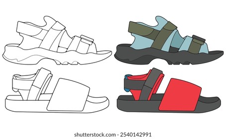 Bundling set sandal vector illustration on black	 background . Summer shoe of sandal cartoon. Isolated cartoon summer footwear.
