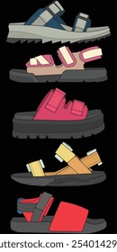 Bundling set sandal vector illustration on black	 background . Summer shoe of sandal cartoon. Isolated cartoon summer footwear.
