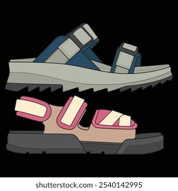 Bundling set sandal vector illustration on black	 background . Summer shoe of sandal cartoon. Isolated cartoon summer footwear.
