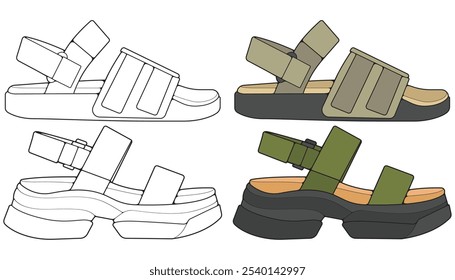 Bundling set sandal vector illustration on black	 background . Summer shoe of sandal cartoon. Isolated cartoon summer footwear.
