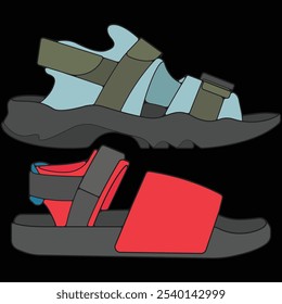 Bundling set sandal vector illustration on black	 background . Summer shoe of sandal cartoon. Isolated cartoon summer footwear.
