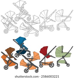 Bundling set of vector of baby stroller isolated on white background. Vector illustration of a modern style.
