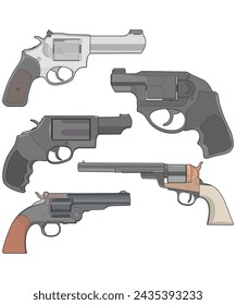 Bundling set of Vector of Revolver art, Shooting gun, Weapon illustration, Vector Revolver, Gun illustration, Modern firearm, Military concept, Pistol vector.
