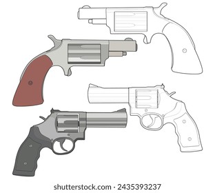 Bundling set of Vector of Revolver art, Shooting gun, Weapon illustration, Vector Revolver, Gun illustration, Modern firearm, Military concept, Pistol vector.
