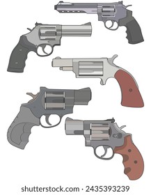 Bundling set of Vector of Revolver art, Shooting gun, Weapon illustration, Vector Revolver, Gun illustration, Modern firearm, Military concept, Pistol vector.
