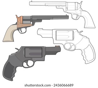 Conjunto de paquete de Vector de arte Revólver, Pistola de tiro, Ilustración de arma, Revólver vectorial, Ilustración de arma, Arma de fuego moderna, Concepto militar, Vector de pistola.
