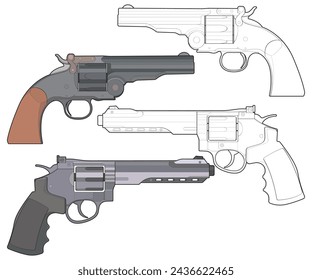 Bundling set of Vector of Revolver art, Shooting gun, Weapon illustration, Vector Revolver, Gun illustration, Modern firearm, Military concept, Pistol vector.
