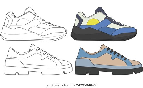 Conjunto de Vector zapatillas de deporte zapatos para el entrenamiento, zapatillas de Ilustración vectorial de zapatos. Zapatillas de color lleno.
