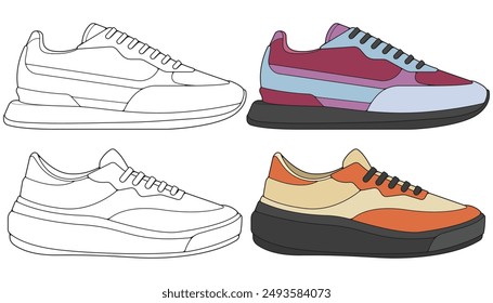Bundling set vector sneakers shoes for training, sneakers shoe vector illustration. Sneakers color full.
