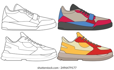 Bundling set vector sneakers shoes for training, sneakers shoe vector illustration. Sneakers color full.
