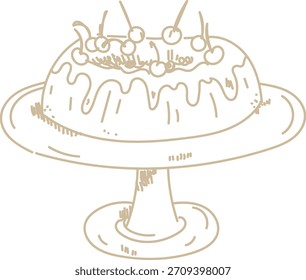 Bundt pastel con esmalte y cerezas dibujadas en línea limpia arte en un pedestal. Anillo de postre renderizado como boceto de contorno con cobertura de goteo y guarnición de frutas. Ilustración vectorial de dibujos animados