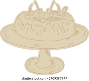 Bundt cake with glaze and cherries on a pedestal stand, hand-drawn linework and soft shading. Dessert ring on footed platter, drips and toppings, sketch style. Cartoon vector illustration