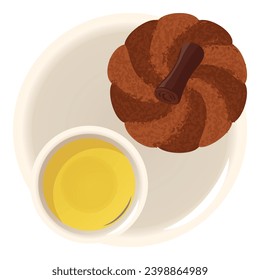 Bundt cake icon isometric vector. Chocolate bundt cake and cup of helb tea icon. Dessert, breakfast, food concept