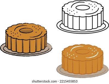 Bundt Cake, Kuglof Or Gugelhupf Ring Cake. Round Sweet Dessert Vector Illustration Icon In Colorful And Black Outline