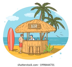 Bungalow with a bar on the beach. The bartender at the bar and the surfer drinks a soft drink. A beach bar, a restaurant on the seashore, the concept of service in a beach club. Doodle style.