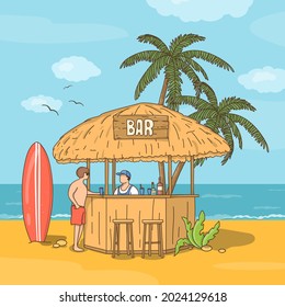 Bungalow with a bar on the beach. The bartender at the bar and the surfer drinks a soft drink. A beach bar, a restaurant on the seashore, the concept of service in a beach club. Doodle style.