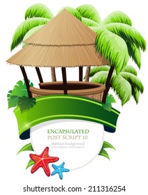 Bungalow bar, palm trees and starfish with a green ribbon and a round place for text