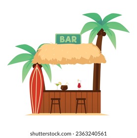 Bungalowbar mit Strohdach in der Nähe von Kokospalmen. Surfbrett, Stühle, erfrischende Cocktails. Tropisches Paradies Küste Holzladen mit Getränken. Vektor isolierter exotischer Stand für Resort.