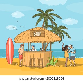 Bungalow with a beach bar. A bartender in a bar and a surfer are drinking a soft drink, a couple in love is dancing next to them. Concept of service in the beach club. The style of doodles. 