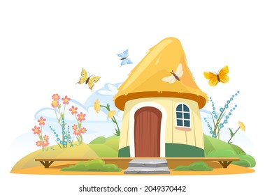 Bungalow beach. Exterior of the building. Among flowers and butterflies. House in nature. Made from traditional building materials. A hut on the coastal sand. Vector