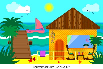 Bungalow. Beach house. Vector illustration. Tropical design.