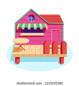 Bungalow, beach summer house on piles with terrace. Cartoon vector illustration