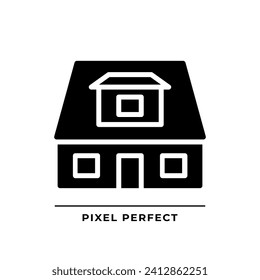 Bungalow black glyph icon. House with sloped roof. Recreation home. Buying property. Real estate. Cottage. Silhouette symbol on white space. Solid pictogram. Vector isolated illustration