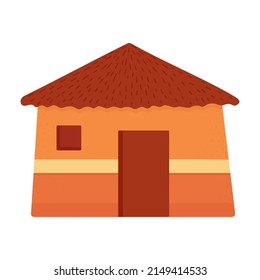 Bungalow with brown thatched roof and small window. National hut or traditional home of inhabitants  African tribes. Vector illustration in flat style. Isolated building on white background