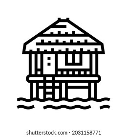 bungalow building on water line icon vector. bungalow building on water sign. isolated contour symbol black illustration