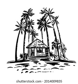 Bungalow by the sea with palms and tropical plants. Beach next to the house. Vacation, tourism in exotic countries. Handmade, vector illustration.