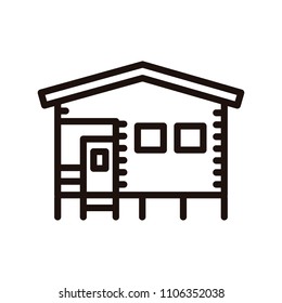 Bungalow camping house made of wood. Vector thin line icon illustration