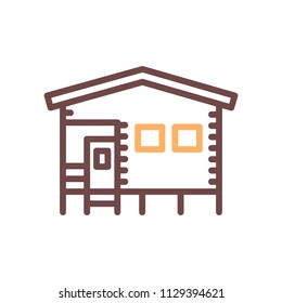 Bungalow camping house made of wood. Vector thin line icon illustration	
