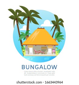 Bungalow for exotic tropic summer vacation travel vector illustration with palms and sea background. Sea beach house hotel or bungalow in circle banner.