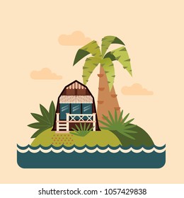 Bungalow house on a green island in the blue sea and palm tree vector illustration 