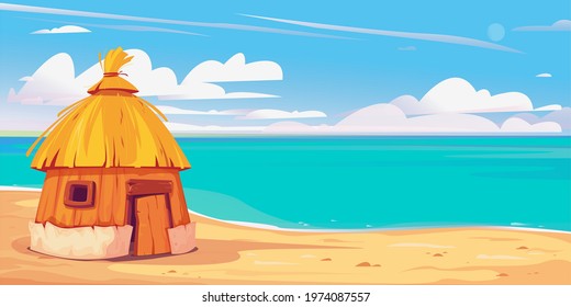 Bungalow house on the sandy beach. maldives clipart. Beautiful clouds. Background for cruise, travel, summer marine print. Pacific Ocean. Vector illustration eps 10 art