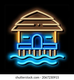 Bungalow House On Water neon light sign vector. Glowing bright icon Bungalow Beach Building, Seaside Wooden Construction sign. transparent symbol illustration