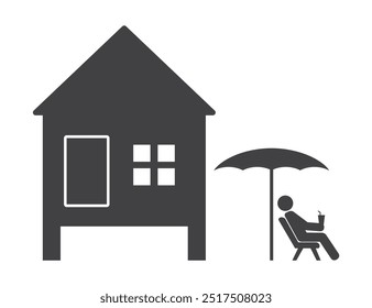 bungalow house with person in sunbed under umbrells icon