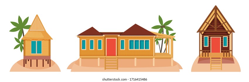 Bungalow houses on tropical islands. Illustration of exotic architecture. Holiday of rest, tourism, summer mood, vacation. Villas in various architectural designs