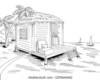 Bungalow hut house coast beach graphic black white sea landscape sketch illustration vector