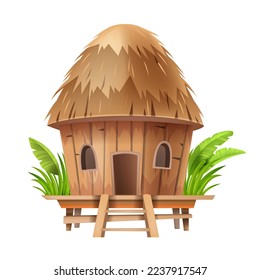 Bungalow hut, straw vector African thatched nipa house, village bamboo beach tent building roof. Poor people shack, Hawaii summer tropical camp construction. Cartoon traditional bungalow hut clipart