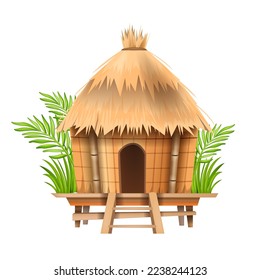 Bungalow hut, straw village African thatched nipa house, vector bamboo beach tent building roof. Poor people shack, Hawaii summer tropical camp construction. Cartoon traditional bungalow hut clipart