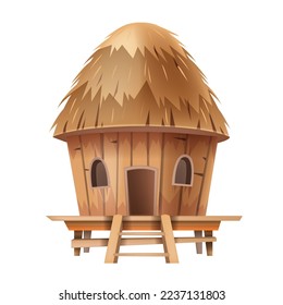 Cabaña de Bungalow, vectorial casa de nipa africana con paja, techo de carpas de playa de bambú de pueblo de paja. Pobres chozas, construcción de campamento tropical de verano en Hawái. Cartoon tradicional cabaña de bungalows clipart