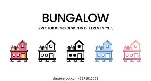 Diseño de iconos de Bungalow en estilo de cinco con pulsación editable. Línea, Sólido, Línea plana, Color de tono Duo y Línea de degradado de color. Adecuado para diseño de páginas Web, aplicaciones móviles, UI, UX y GUI.