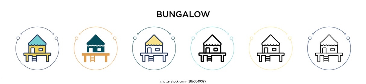 Bungalow icon in filled, thin line, outline and stroke style. Vector illustration of two colored and black bungalow vector icons designs can be used for mobile, ui, web