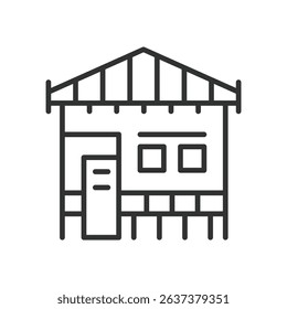 Bungalow, icon in line design. Bungalows, beach house, tropical bungalows, summer house, vacation home, seaside bungalow, holiday home on white background vector. Bungalow editable stroke icon