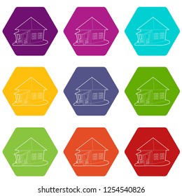 Bungalow icons 9 set coloful isolated on white for web
