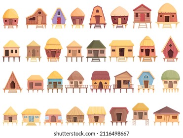 Bungalow icons set cartoon vector. African apartment. Cabin cottage