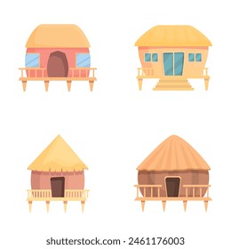 Conjunto de iconos de Bungalow Vector de dibujos animados. Bungalow de madera o casa de vacaciones en la isla. Objeto turístico tropical